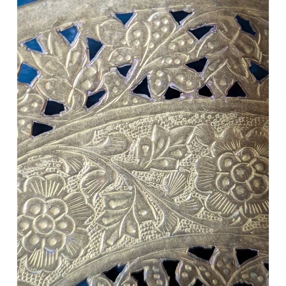 Vintage Pierced Brass Bowl With a Floral and‎ Berries Pattern 11